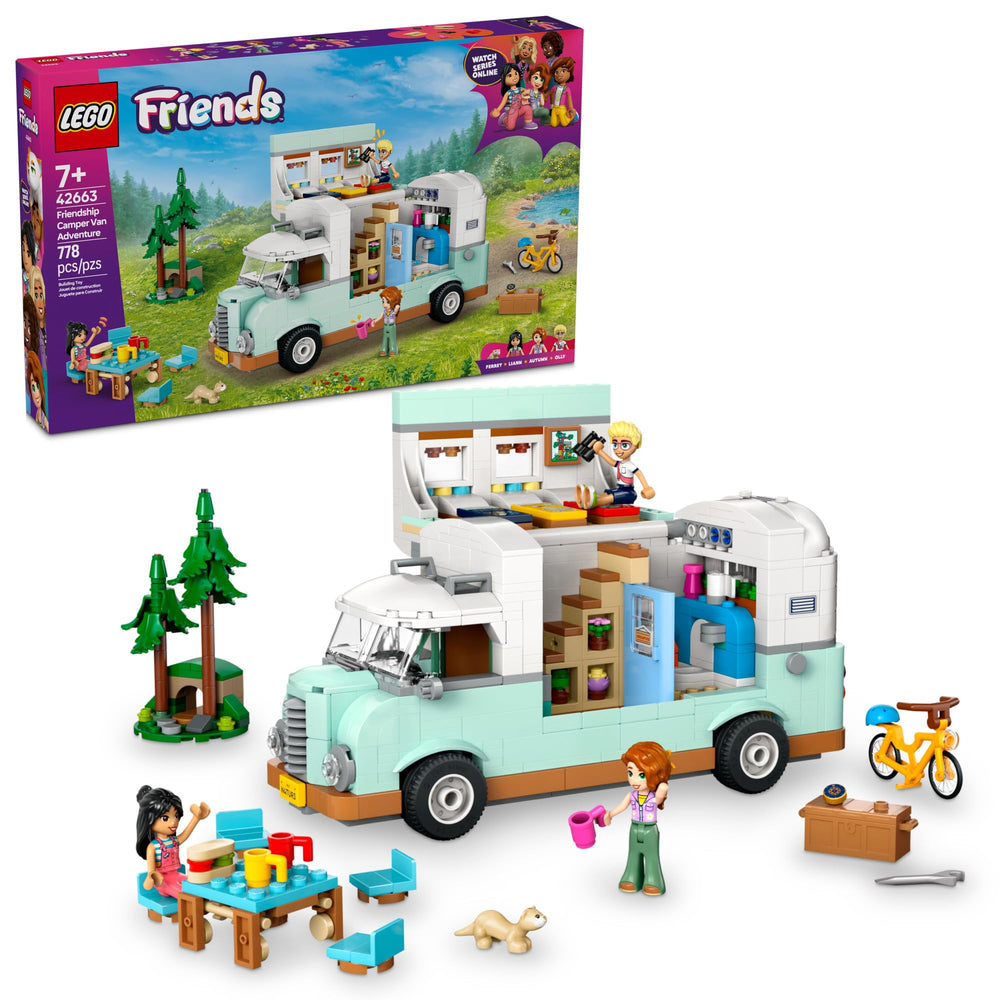 LEGO Friends Friendship Camper interior opens the kitchen and sleeping area for pretend journeys.