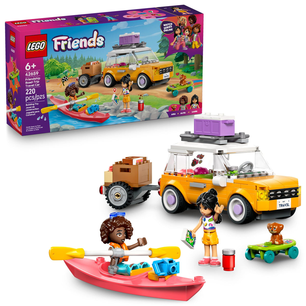 LEGO Friends travel car with trailer enabling imaginative road-trip storytelling.