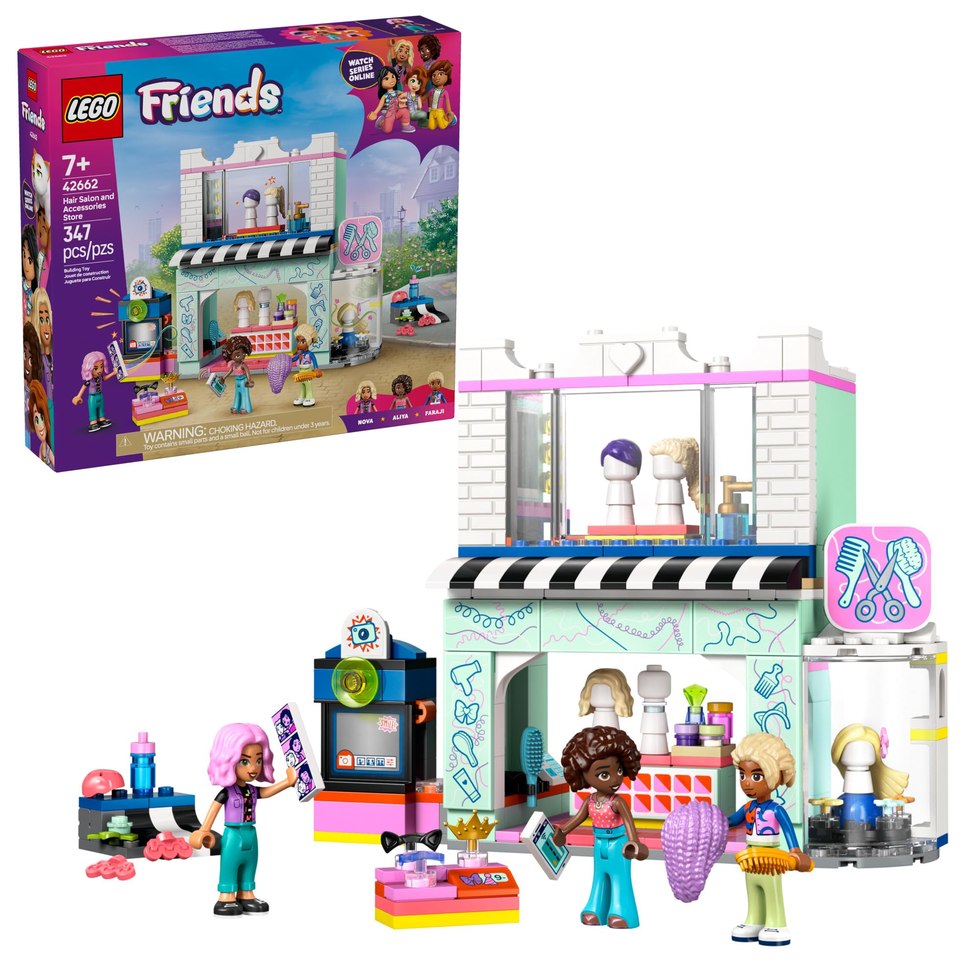 LEGO Friends hair salon storefront inspires imaginative play with colorful bricks.