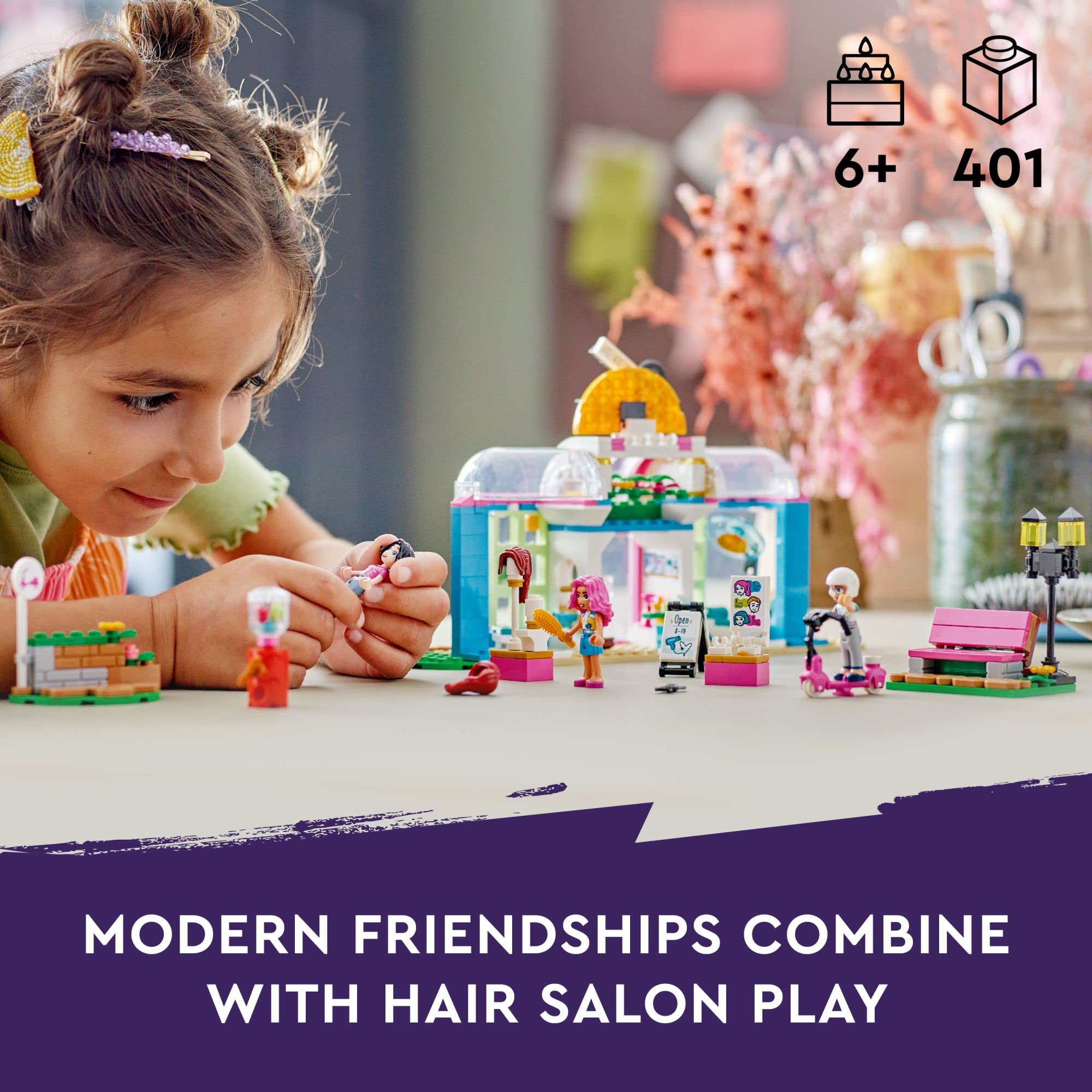 LEGO Friends Hair Salon styling station with accessories for creative haircuts