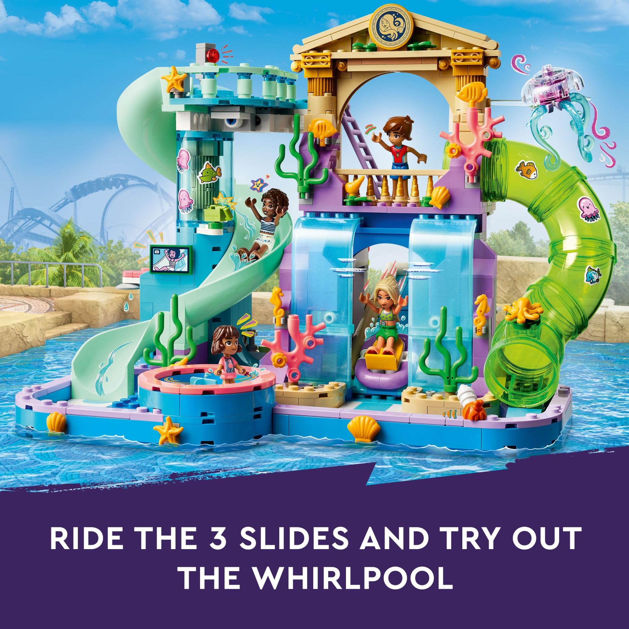 LEGO Friends Heartlake Water Park corkscrew slide for adventurous play.