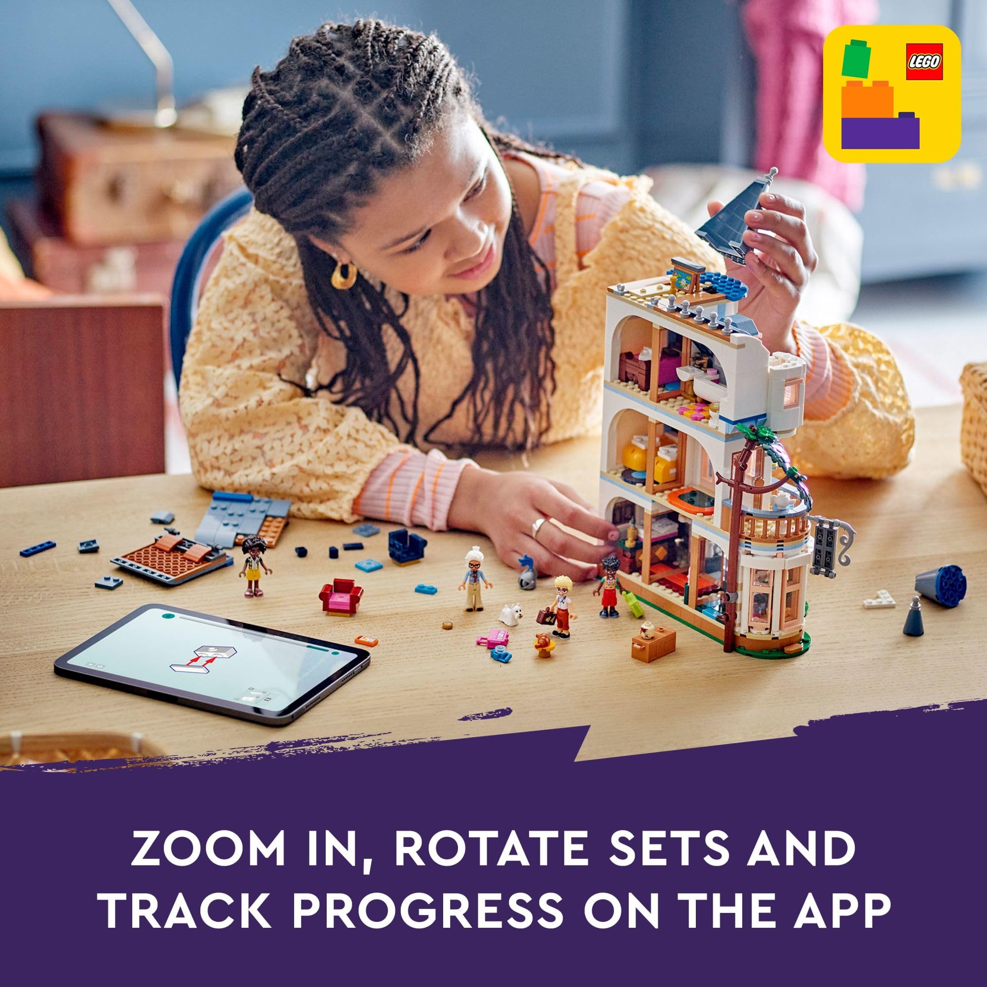 LEGO Friends hotel accessories and suitcases enrich busy breakfast and travel setups.