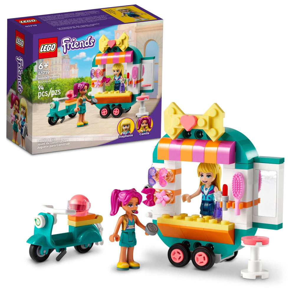 LEGO Friends mobile boutique and scooter tow for on-the-go fashion play.