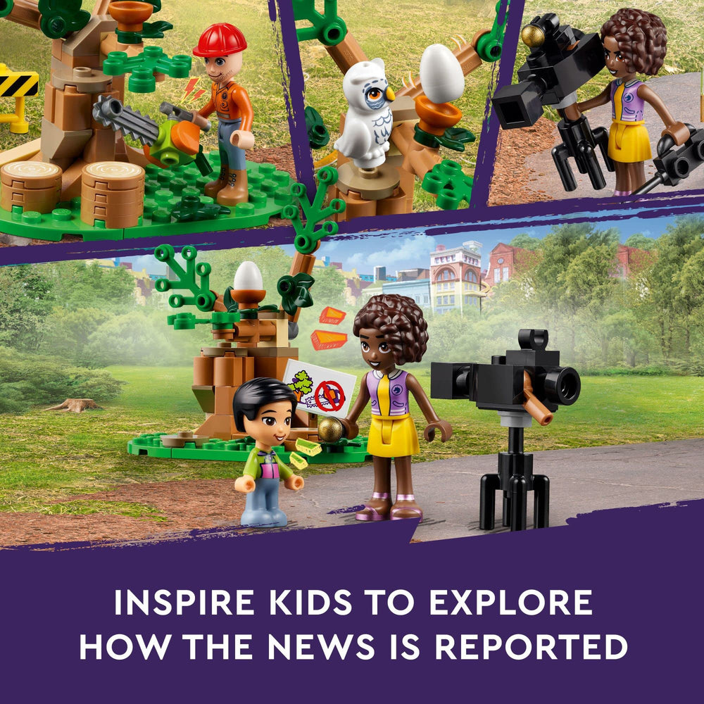Aliya and friends with cameras and microphones for dynamic role play with Lego Friends Newsroom Van