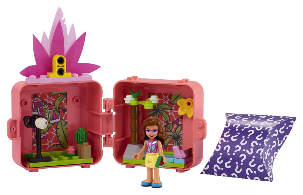 LEGO Friends Olivia mini-doll inside the Flamingo Cube setup for storytelling.