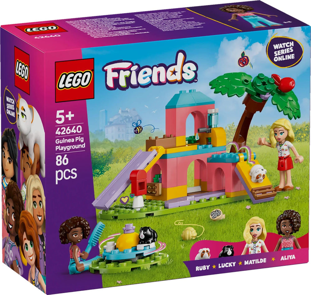 LEGO Friends playset detail highlights poseable animals, seeds, leaves, and yarn balls