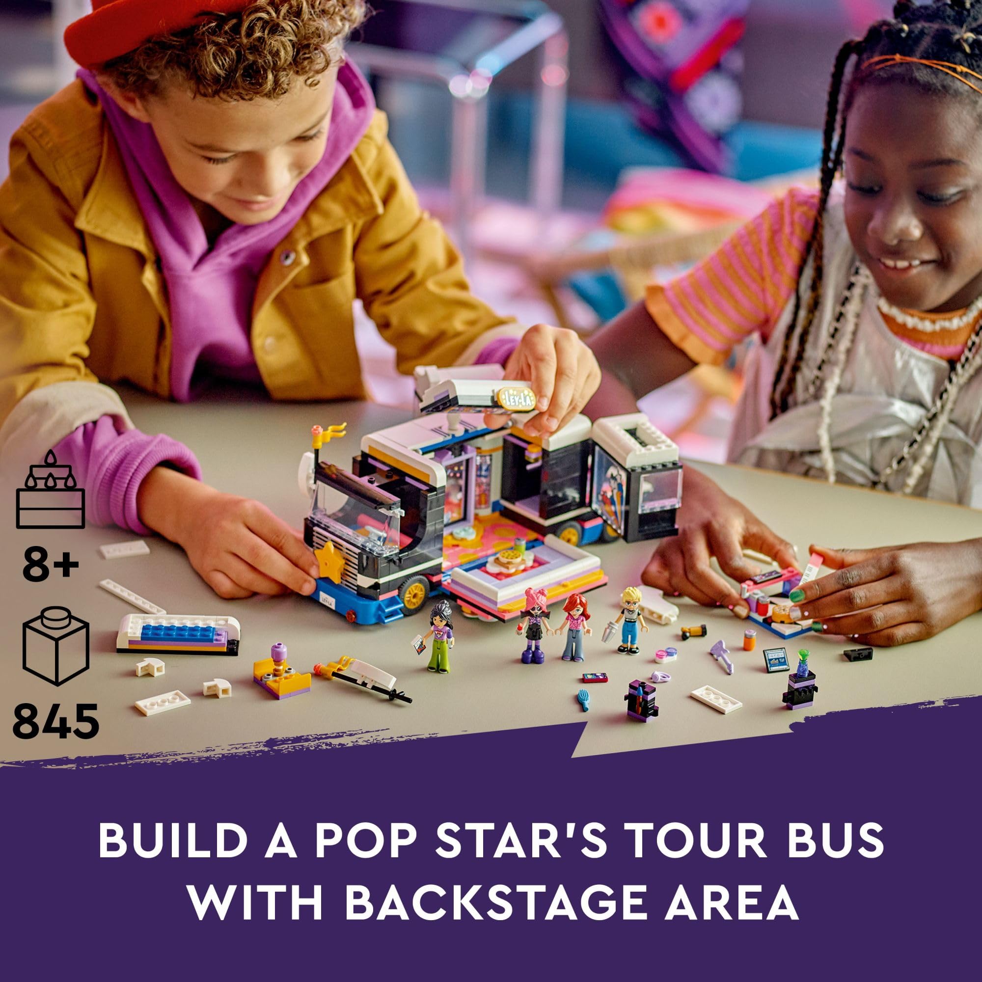 LEGO Friends Pop Star Music Tour Bus side opening reveals interior for creative role-play