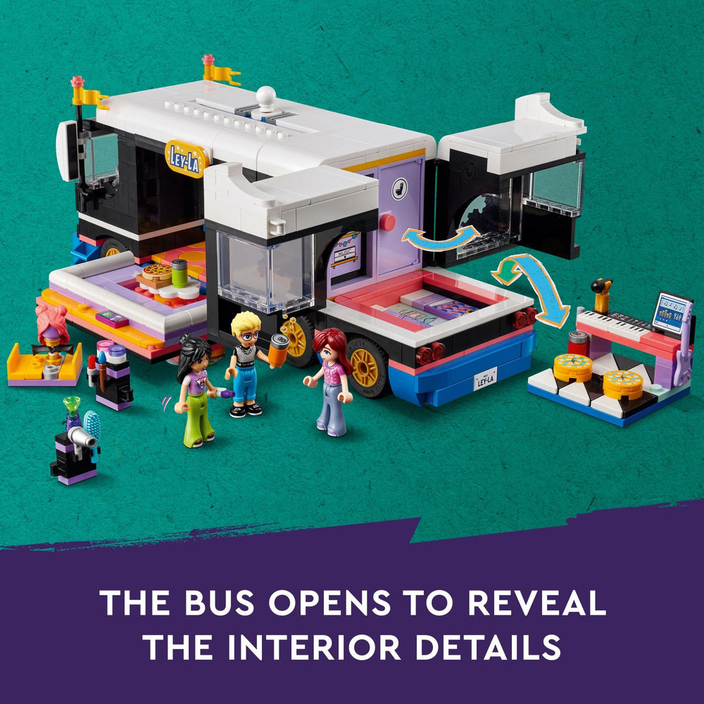LEGO Friends Pop Star Music Tour Bus stage mirror highlights transformation moments