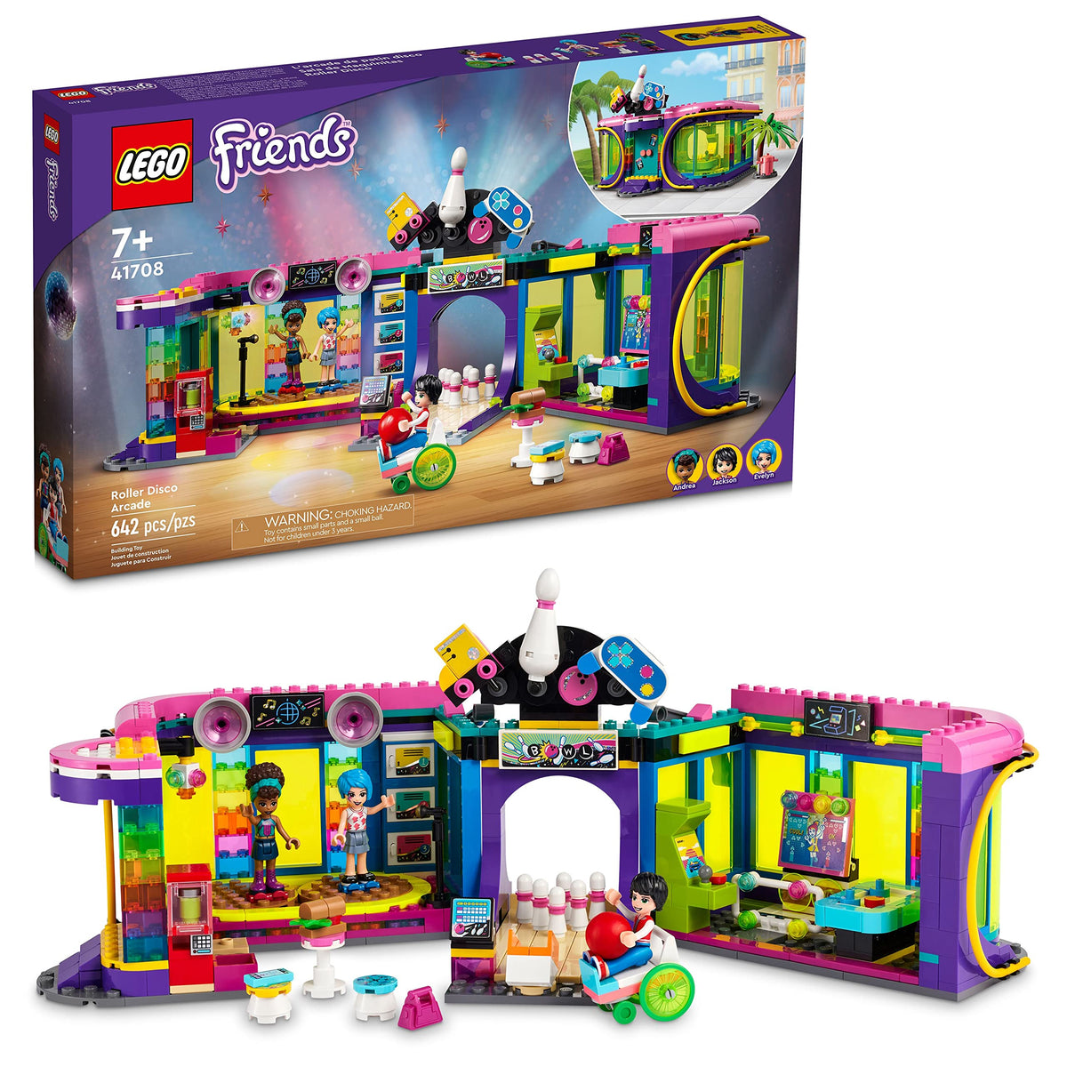 LEGO Friends Roller Disco Arcade lets kids imagine social fun with Andrea on a bright roller rink.