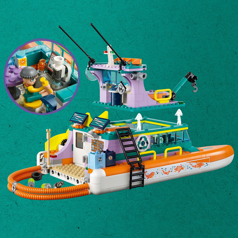 LEGO Friends Sea Rescue Boat 41734 life jackets encourage safe, cooperative adventures.