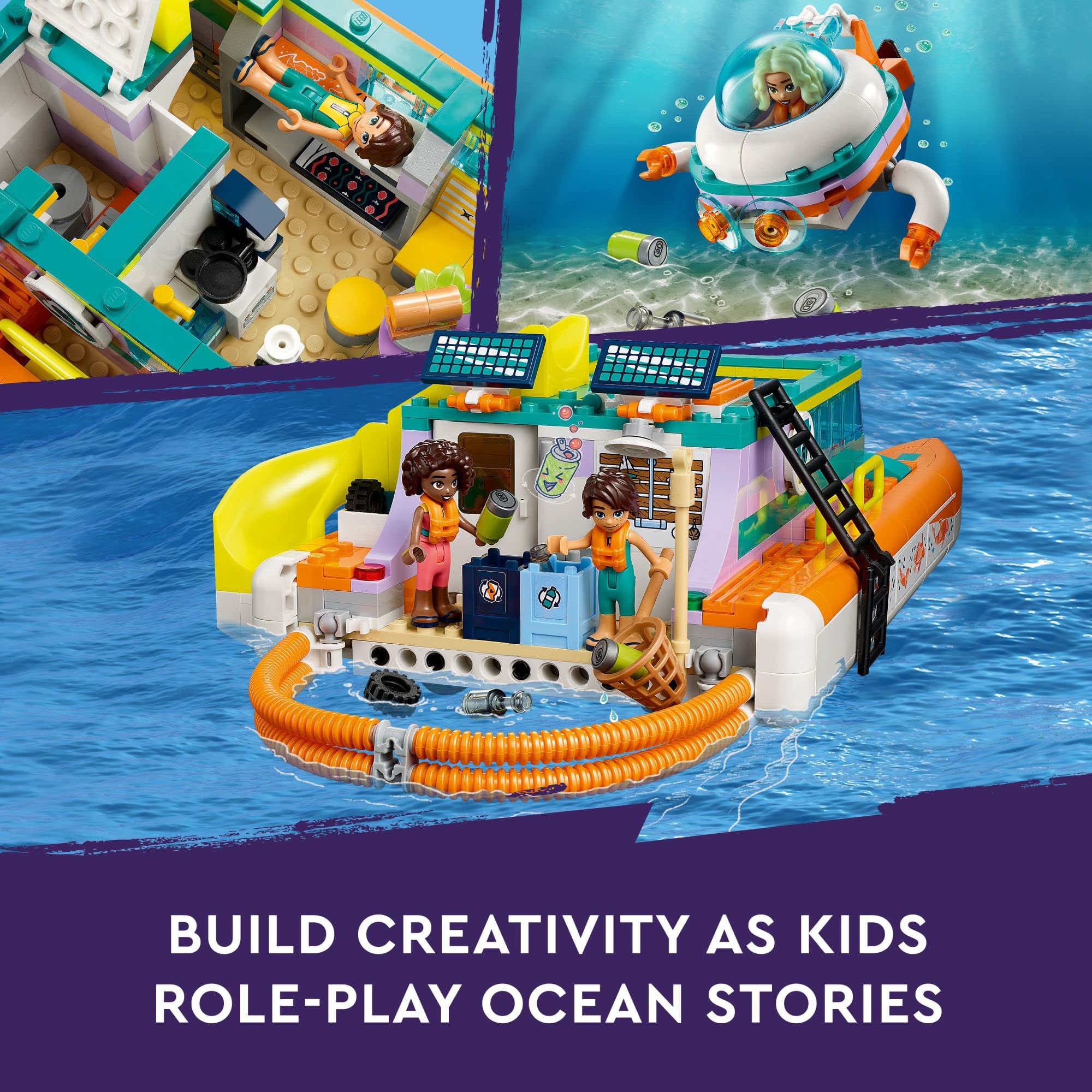 LEGO Friends Sea Rescue Boat 41734 mini-dolls Nova and Aliya enable friendship-driven adventures.