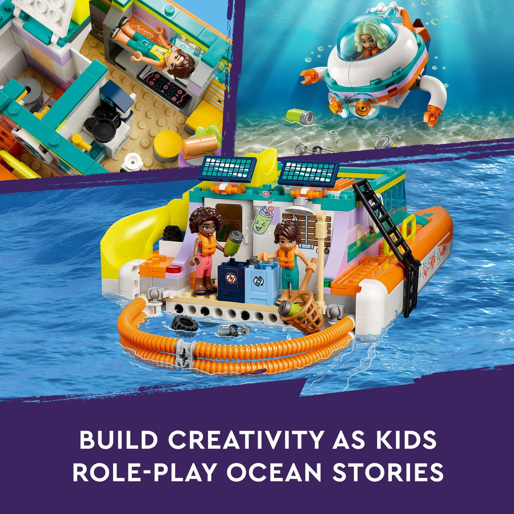 LEGO Friends Sea Rescue Boat 41734 mini-dolls Nova and Aliya enable friendship-driven adventures.