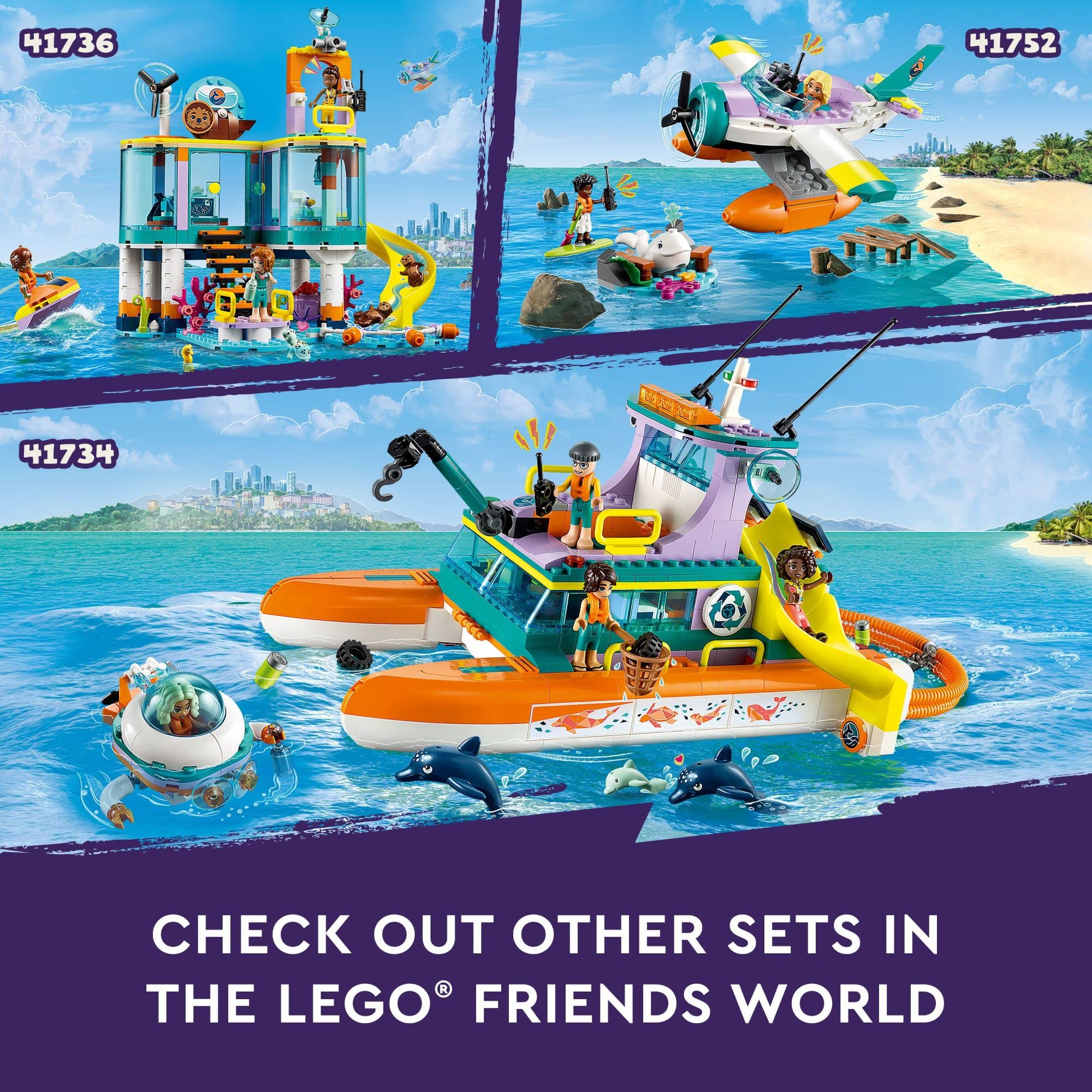 LEGO Friends Sea Rescue Boat 41734 trash-net accessory supports eco-conscious role play.