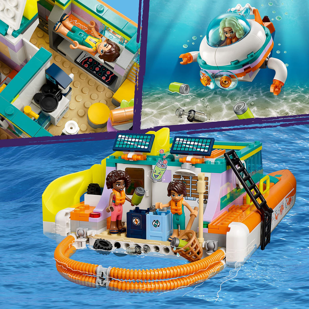 LEGO Friends Sea Rescue Boat 41734 water samples and microscope spark curiosity.