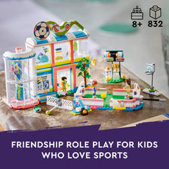 LEGO Friends Sports Center 41744 field transformed into tennis court for varied games.