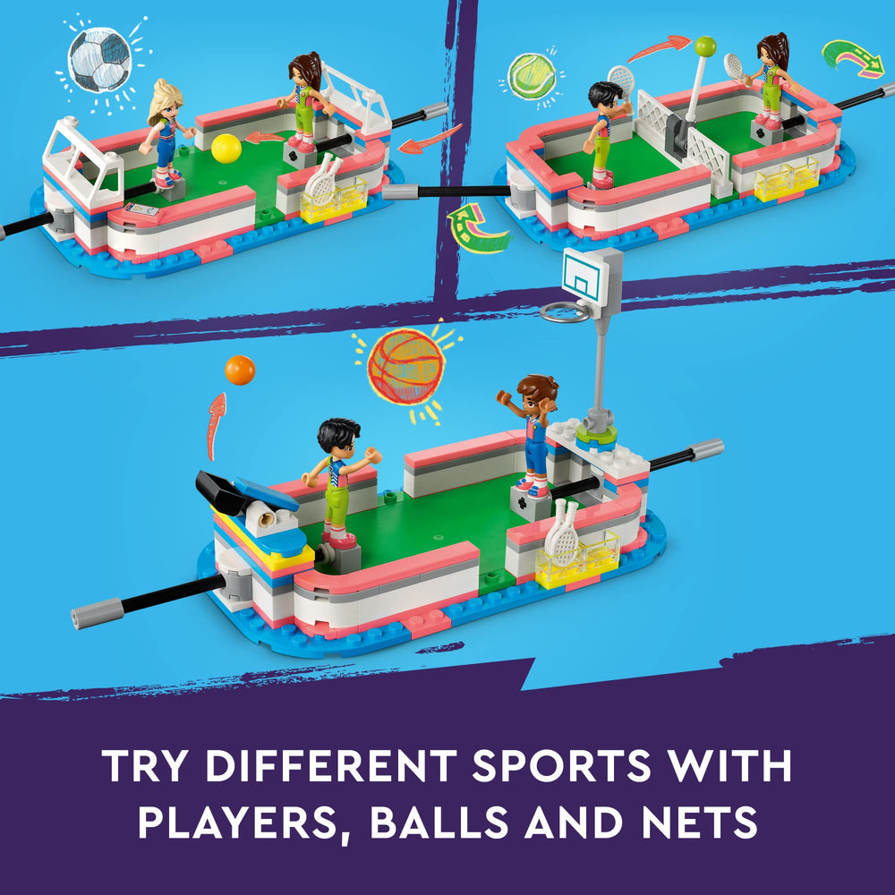 LEGO Friends Sports Center 41744 mini-dolls and accessories encourage social play and role play.