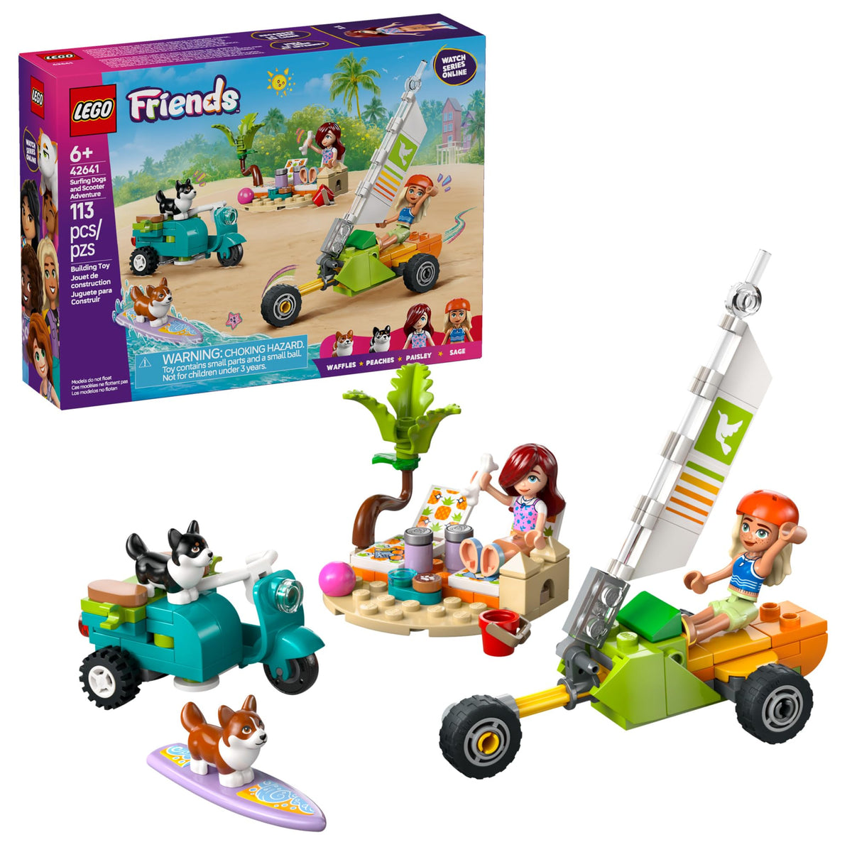 LEGO Friends Surfing Dogs and Scooter Adventure minidolls enjoy portable beach roleplay
