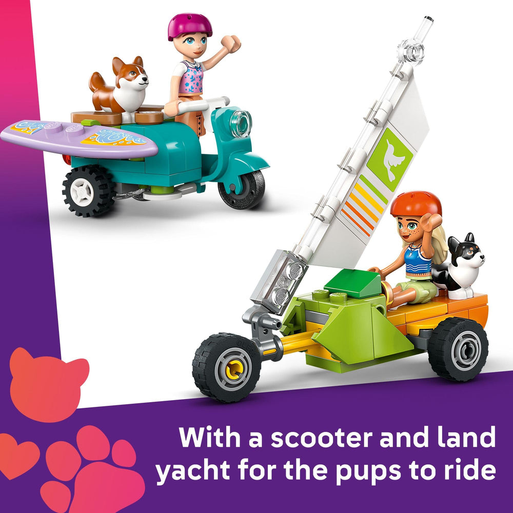 LEGO Friends Surfing Dogs and Scooter Adventure scooter and land yacht support storytelling on shore