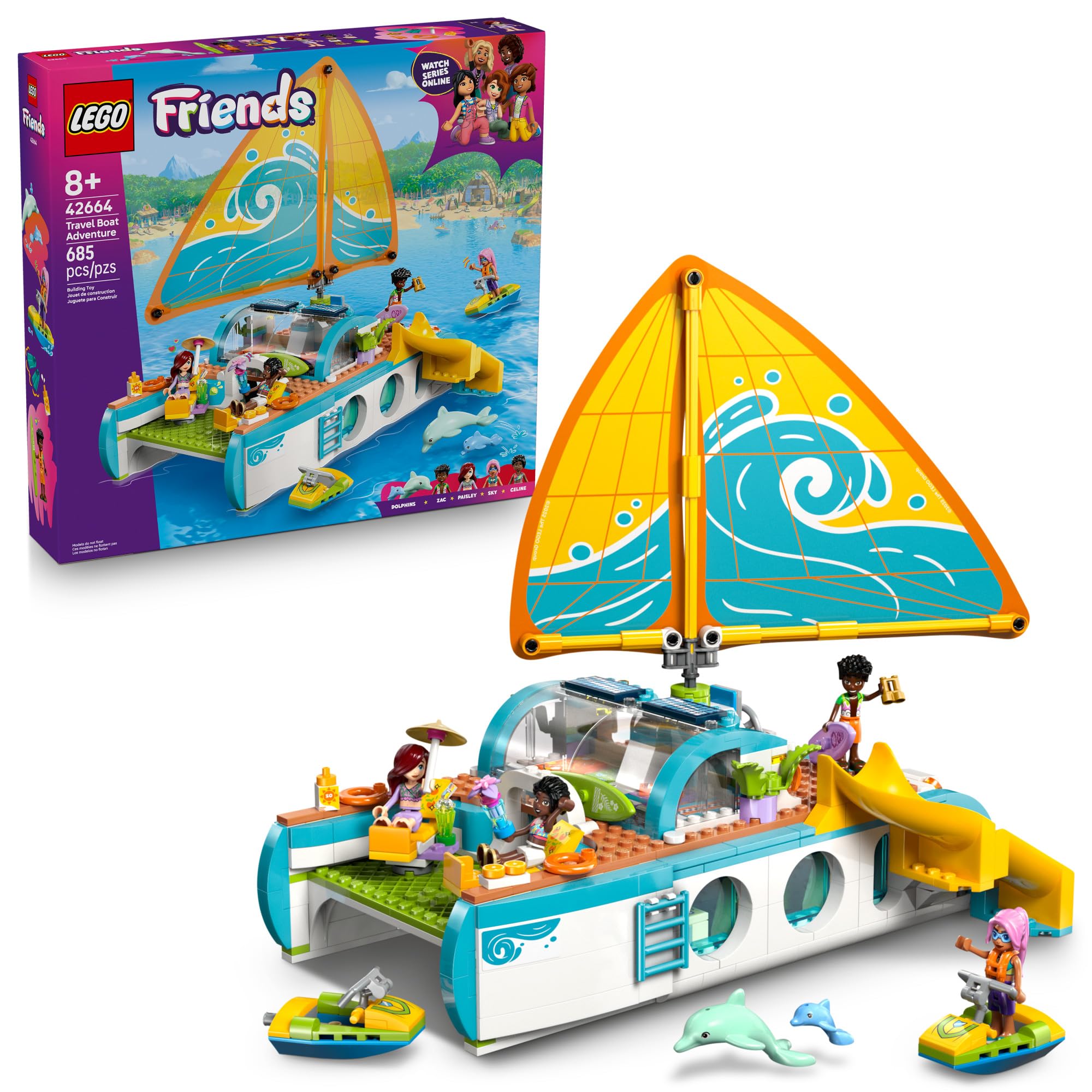 LEGO Friends Travel Boat Adventure bow with mast invites imaginative ocean voyages and storytelling.