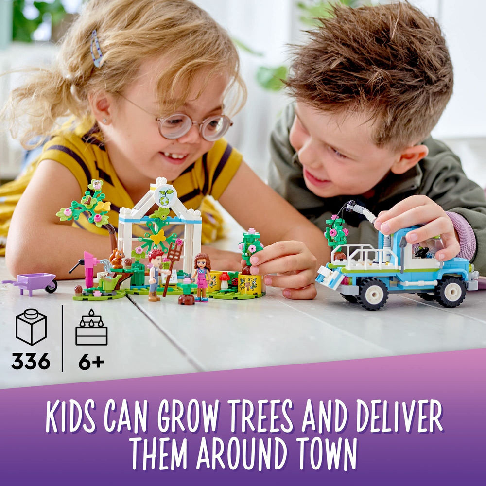 LEGO Friends Tree-Planting Vehicle articulated-loading-arm demonstrates moving saplings with easy precision