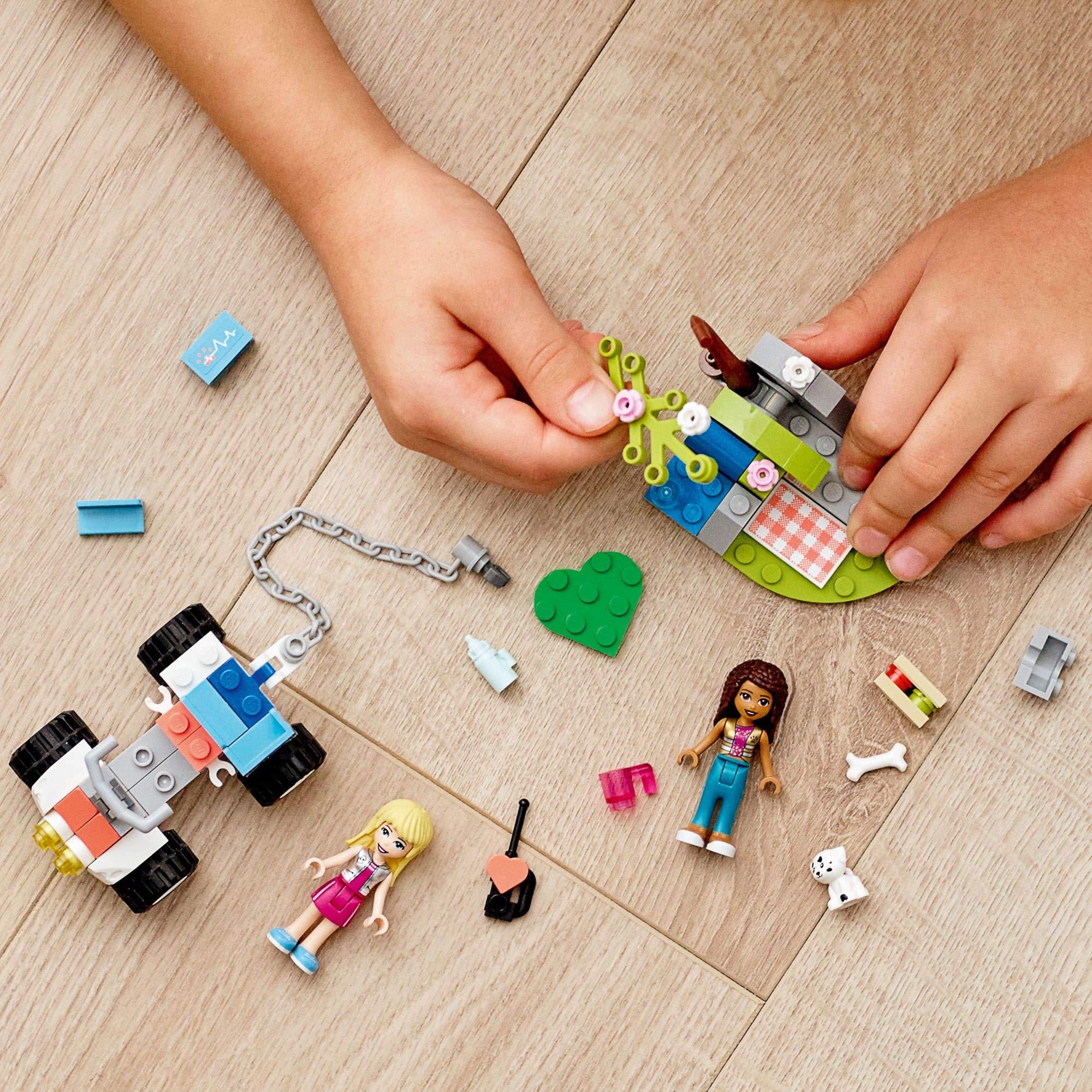 LEGO Friends vet kit with feeding bottle, bone, walkie-talkie for care-role play.