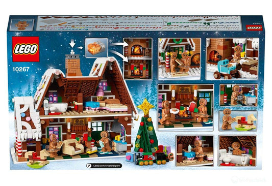 LEGO Gingerbread House candy-cane columns and glittery windows add holiday sparkle.