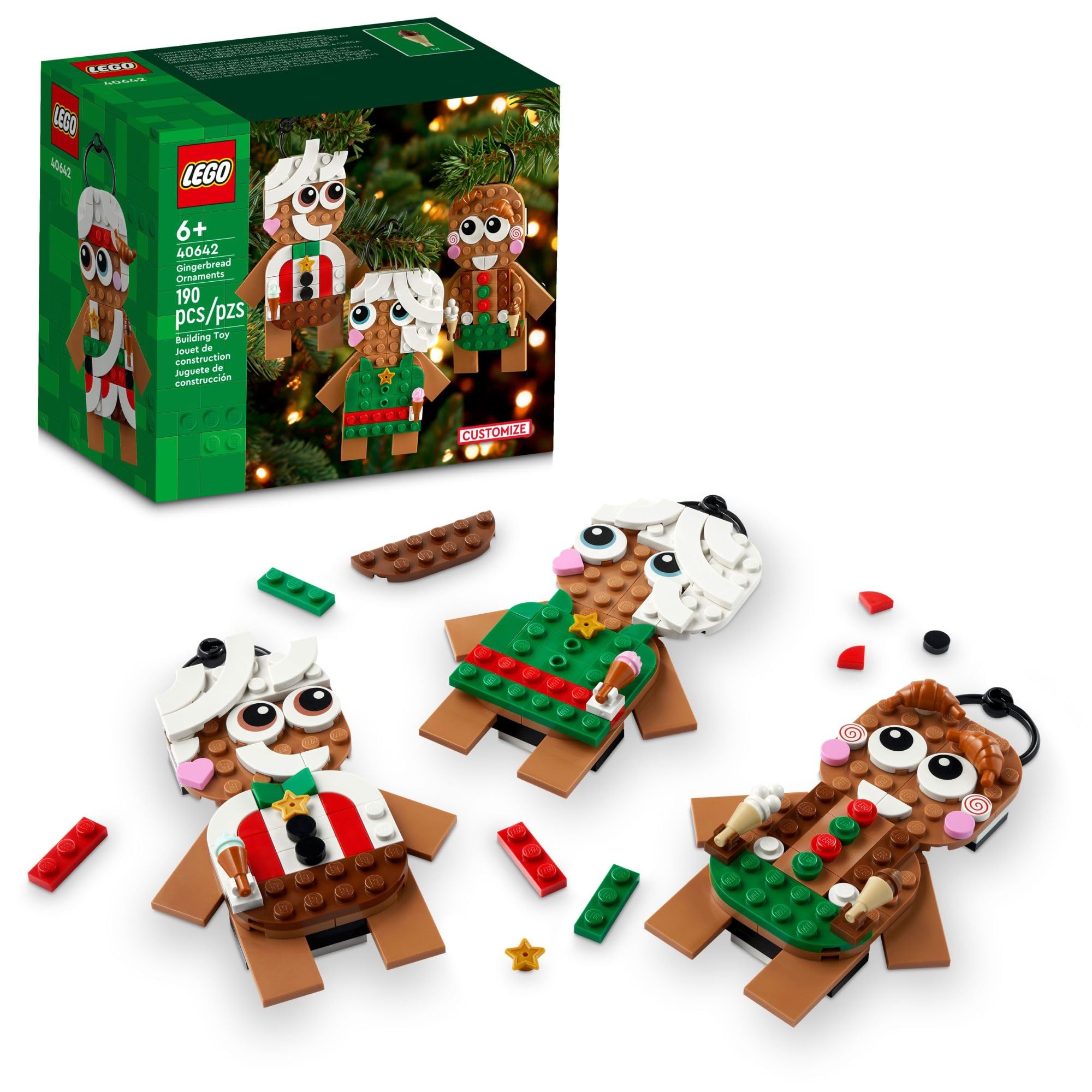 LEGO Gingerbread Ornaments figures display for festive decor and imagination.