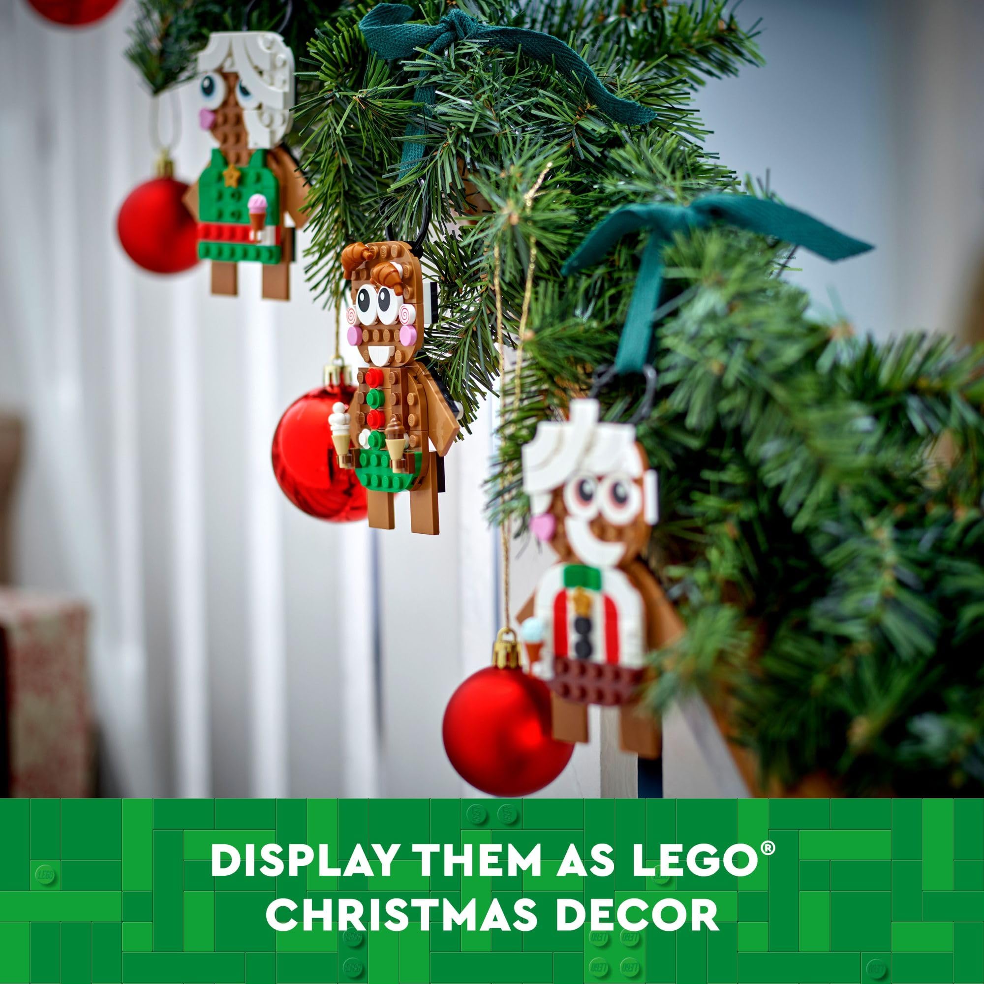 LEGO Gingerbread Ornaments tree decor display ideas for desks and shelves.