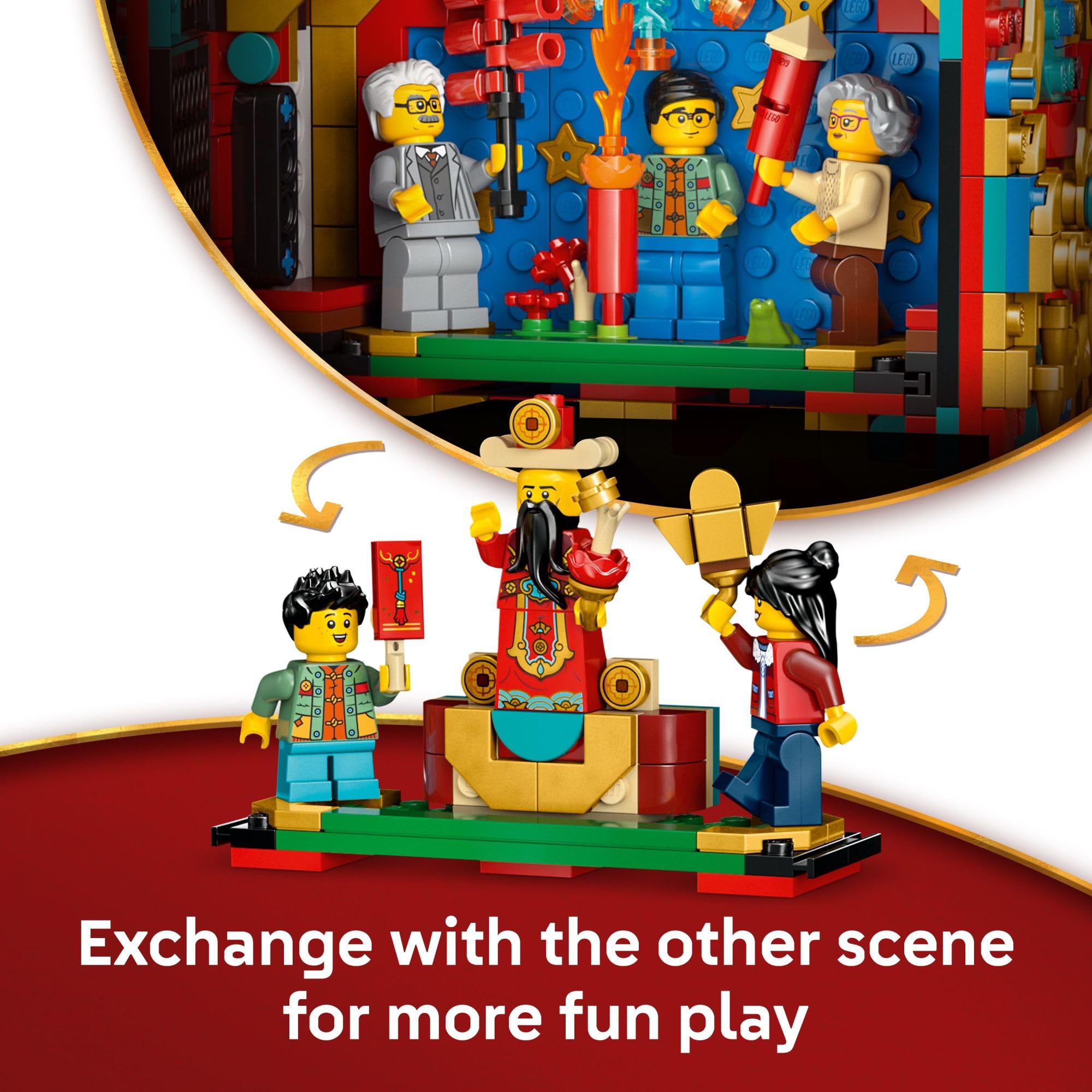 LEGO Fortune Firecracker God of Fortune minifigure enriches storytelling and luck themes.