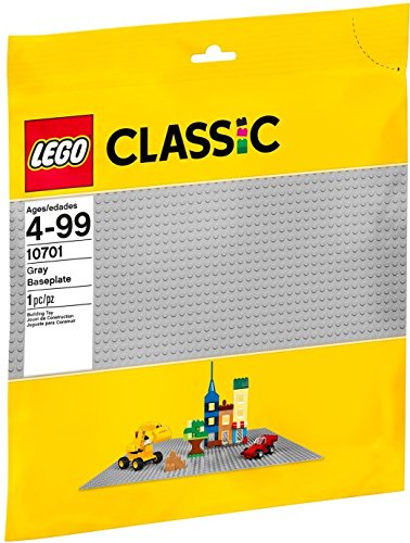 LEGO gray baseplate 10701 serves as a sturdy display area for finished LEGO creations.