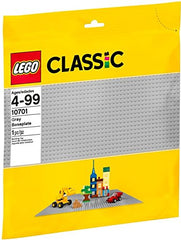 LEGO gray baseplate 10701 serves as a sturdy display area for finished LEGO creations.