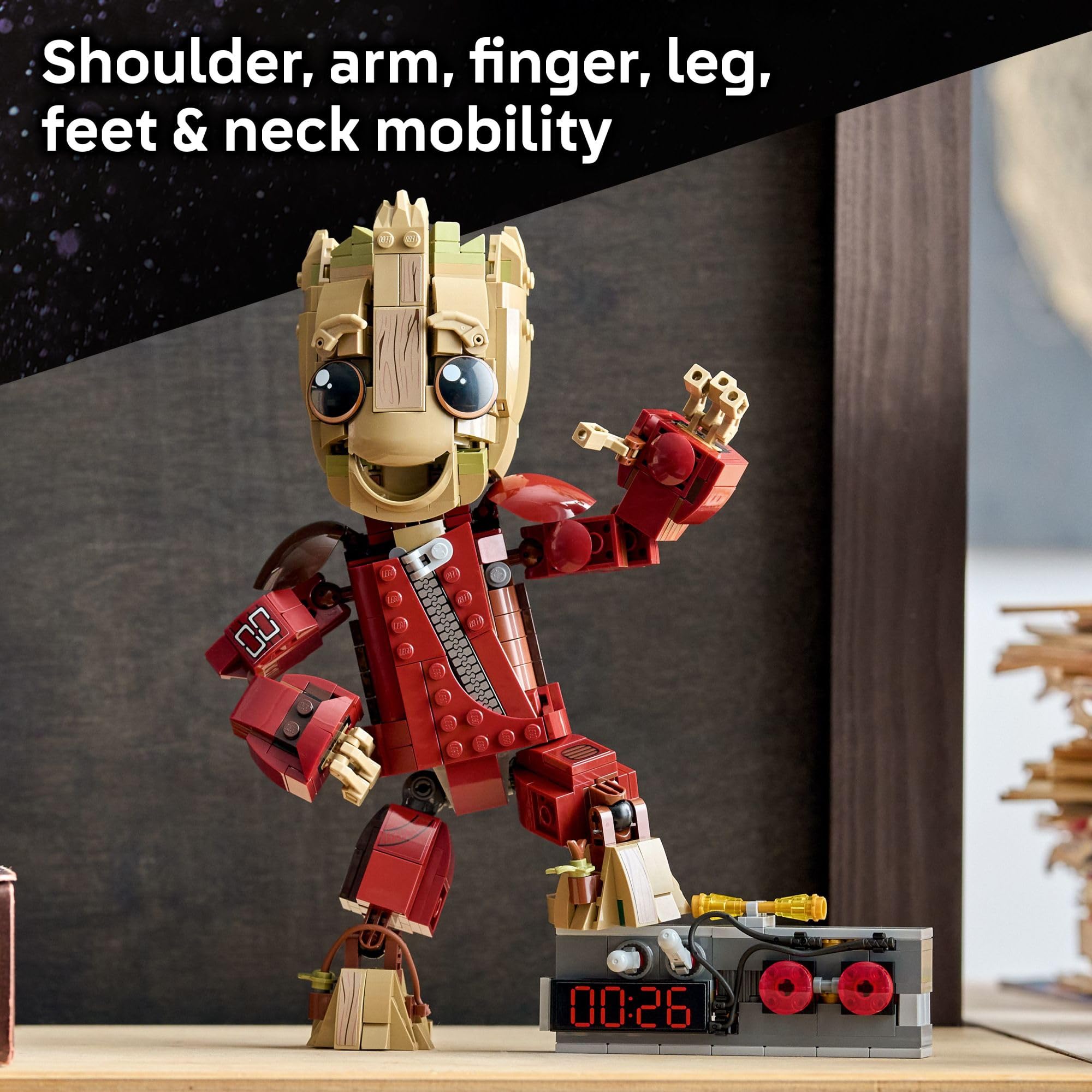 LEGO Groot poseable figure with movable shoulders, arms, fingers, hips and neck