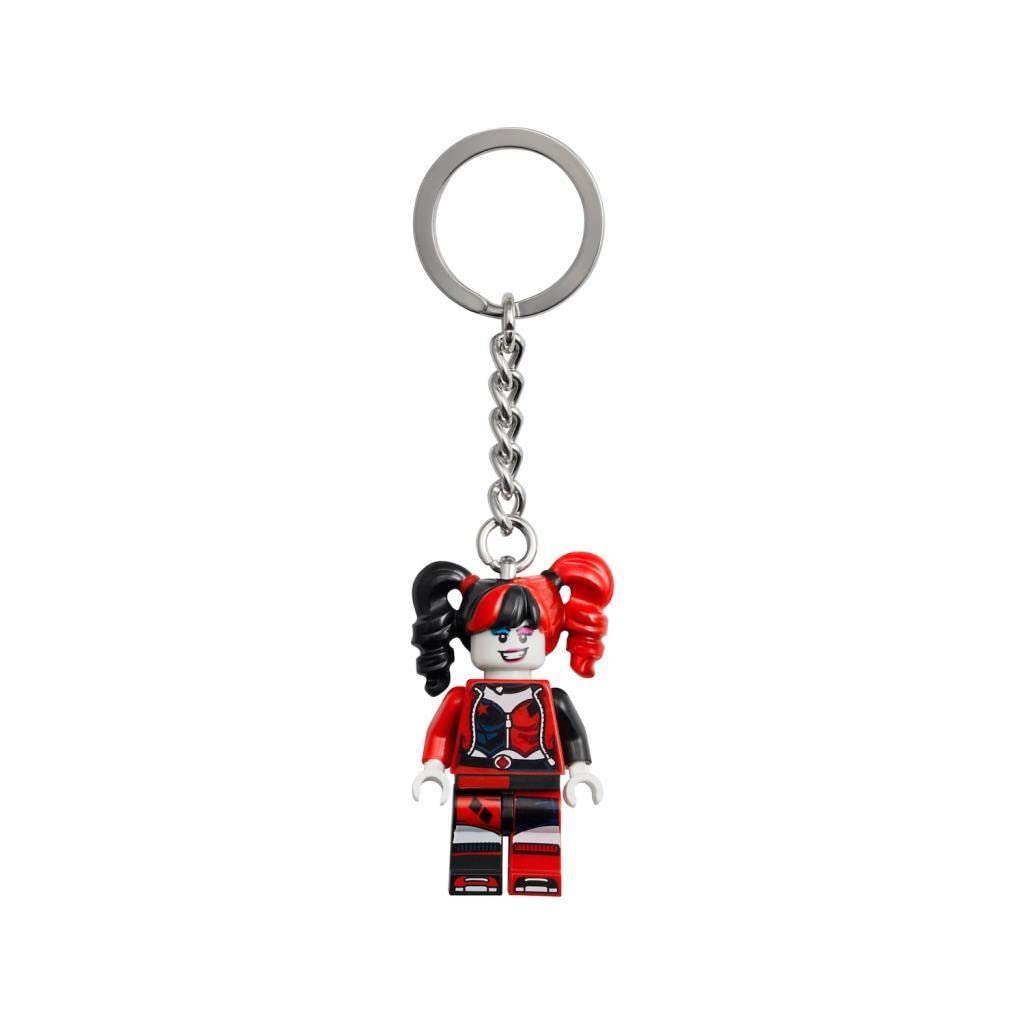 LEGO Harley Quinn minifigure keyring back view reveals sturdy ring and tag for secure storage.