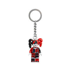 LEGO Harley Quinn minifigure keyring back view reveals sturdy ring and tag for secure storage.