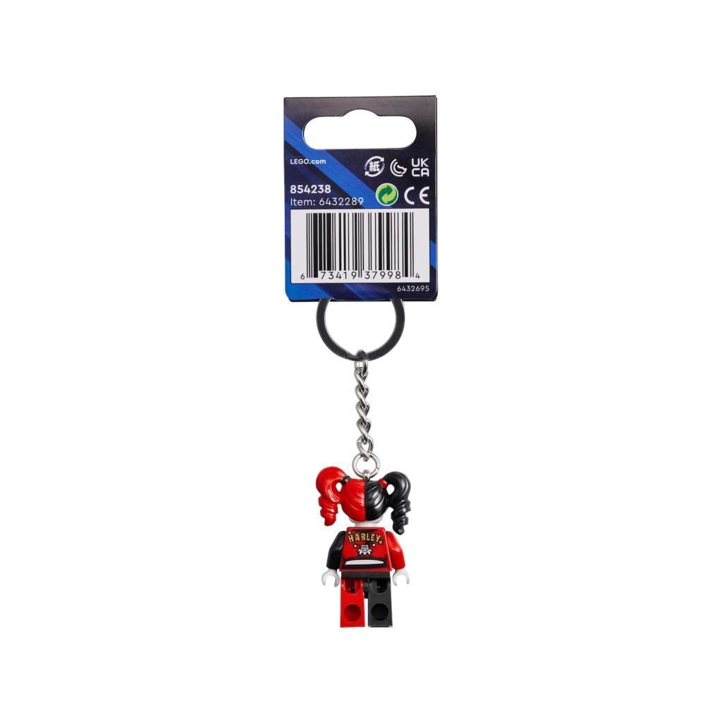 LEGO Harley Quinn minifigure keyring side view shows compact size for easy attachment.