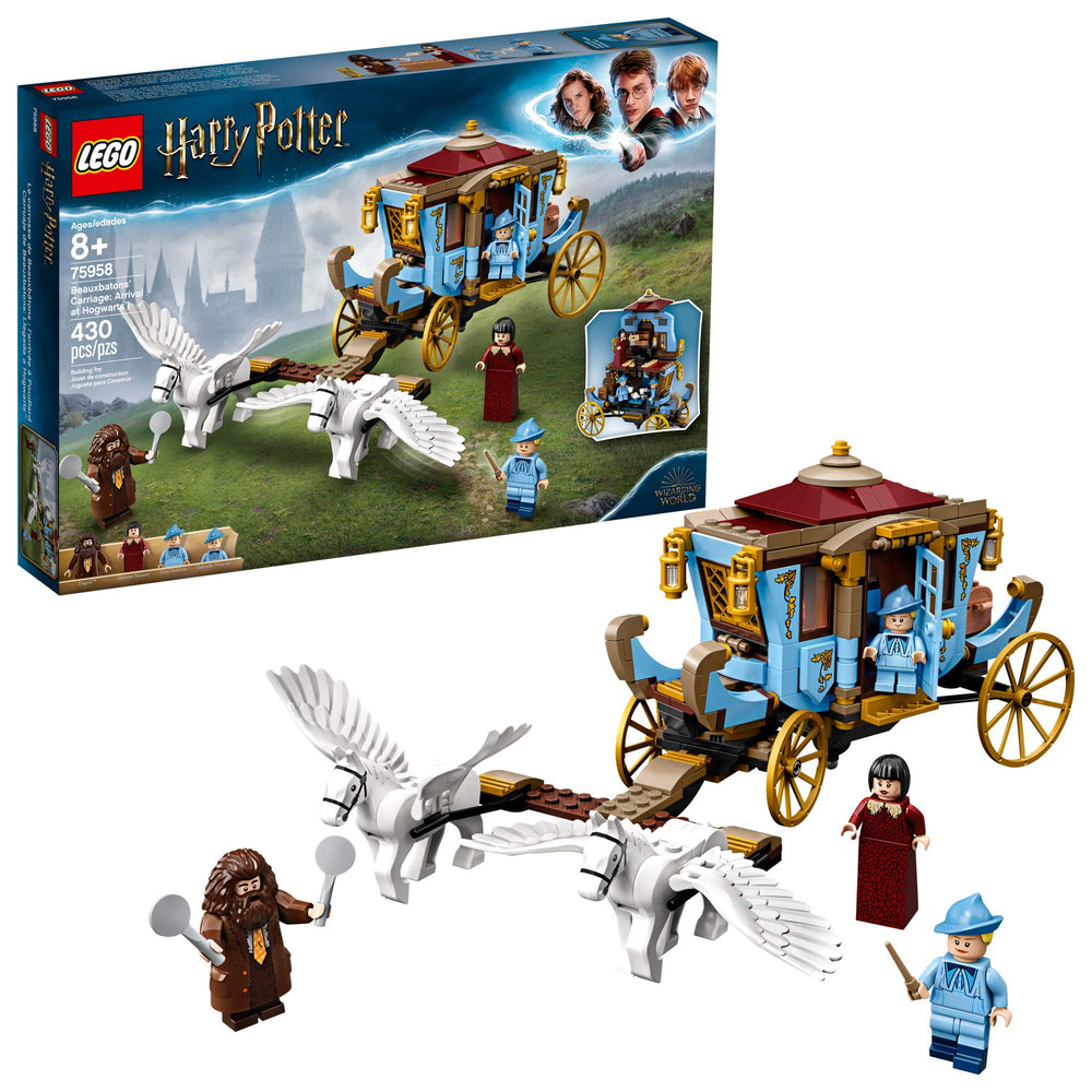 LEGO Harry Potter Beauxbatons carriage flying with winged horses for imaginative role-play.