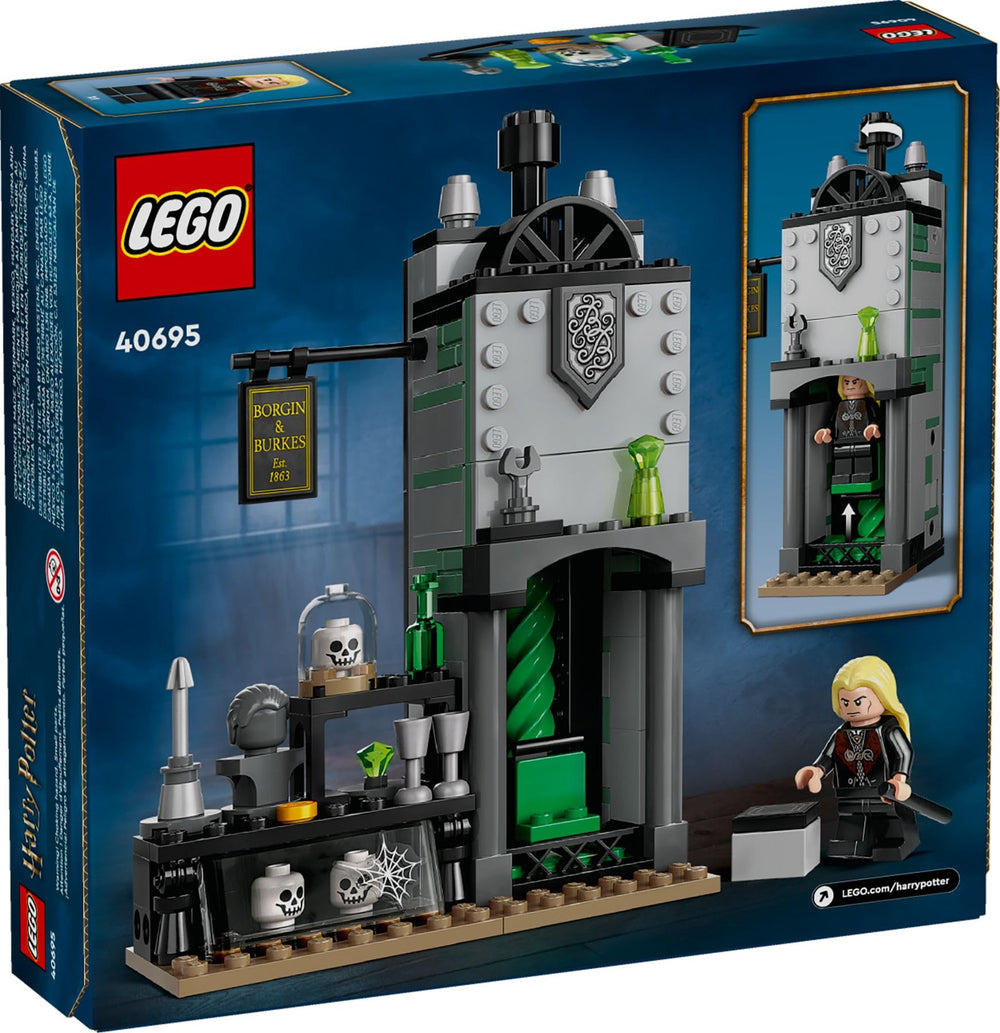 LEGO Harry Potter Borgin and Burkes Lucius Malfoy figure adds magical artifact storytelling.