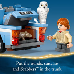 LEGO Harry Potter Flying Ford Anglia minifigures Hedwig and Scabbers enhance storytelling.
