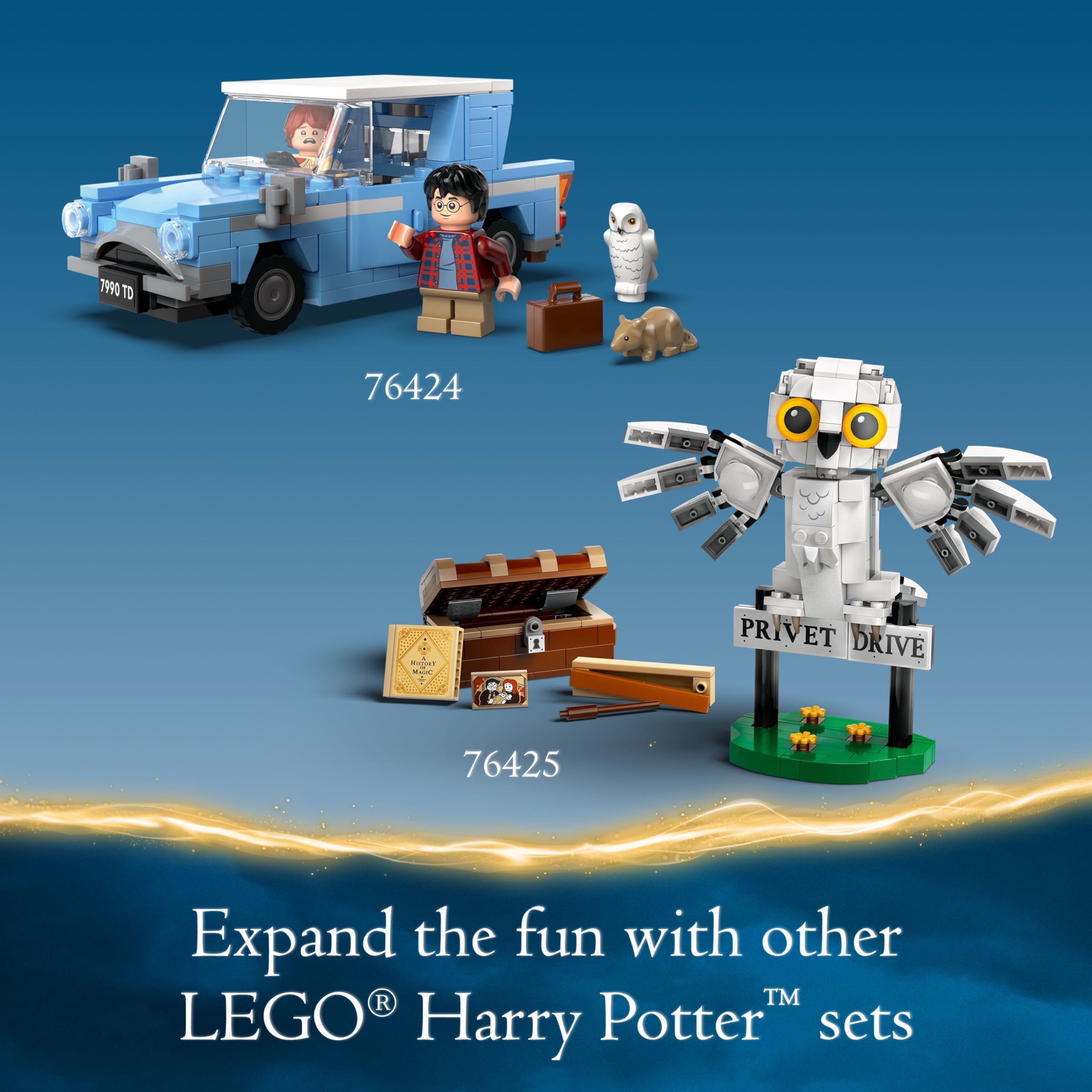 LEGO Harry Potter Flying Ford Anglia trunk space holds suitcase and wands for scenes.