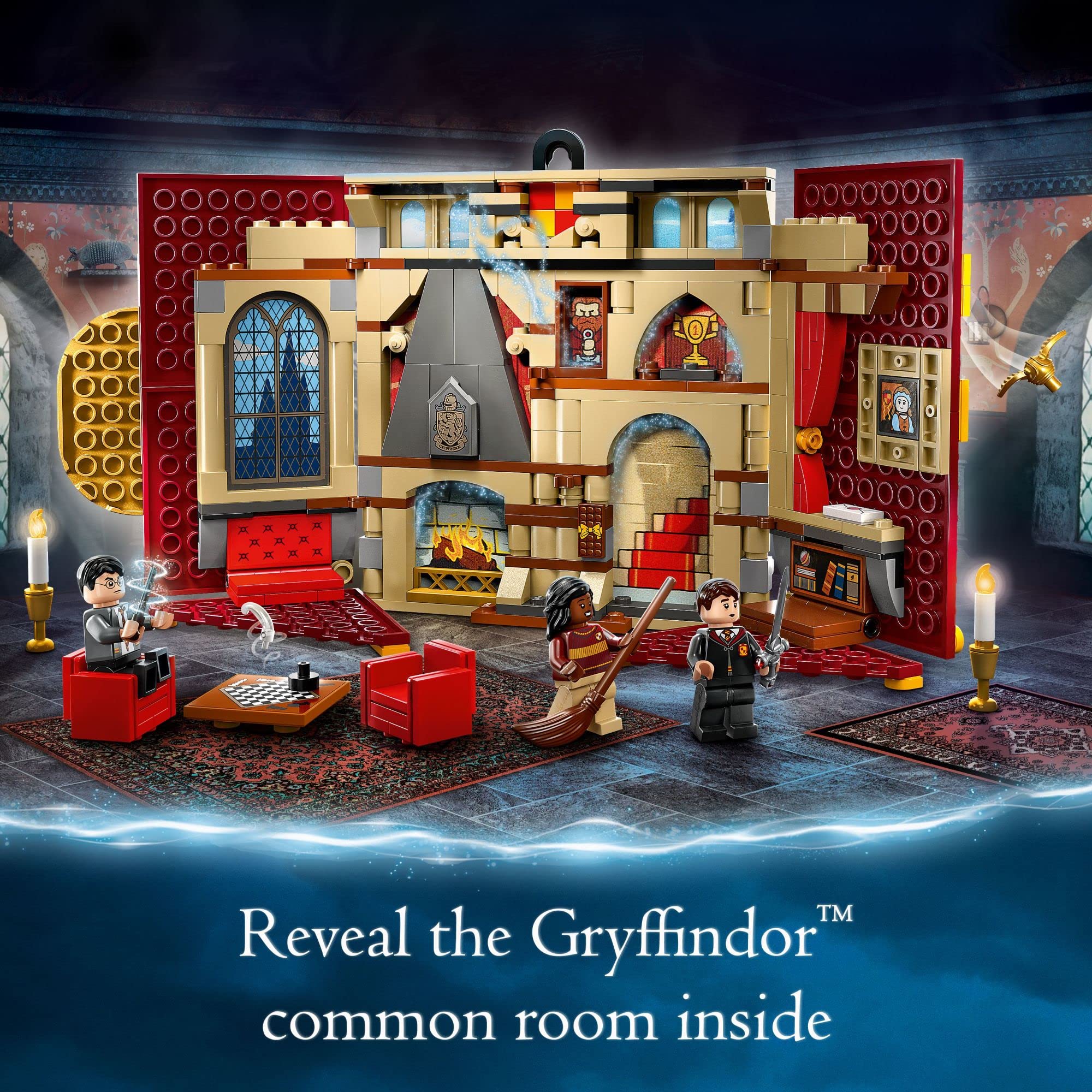 LEGO Harry Potter Gryffindor banner includes minifigures and items for interactive role play