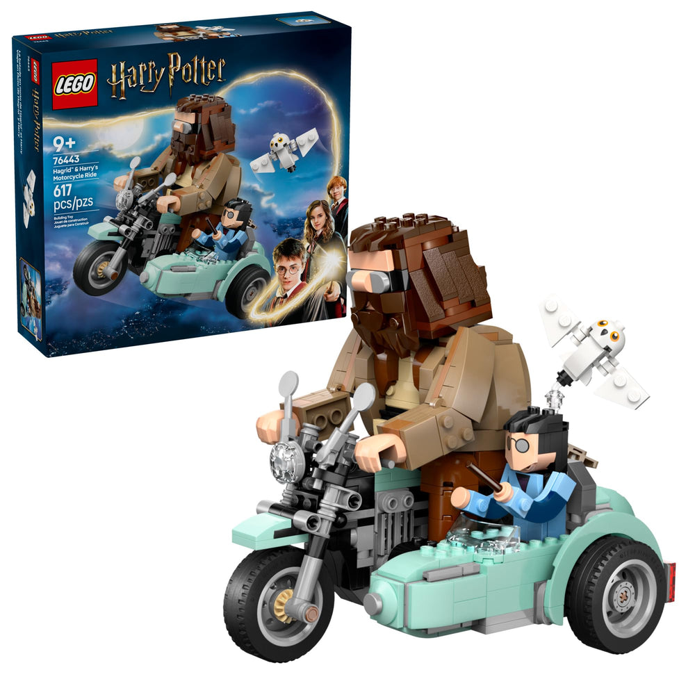 LEGO Harry Potter Hagrid and Harry on motorcycle ride for dynamic play and display.