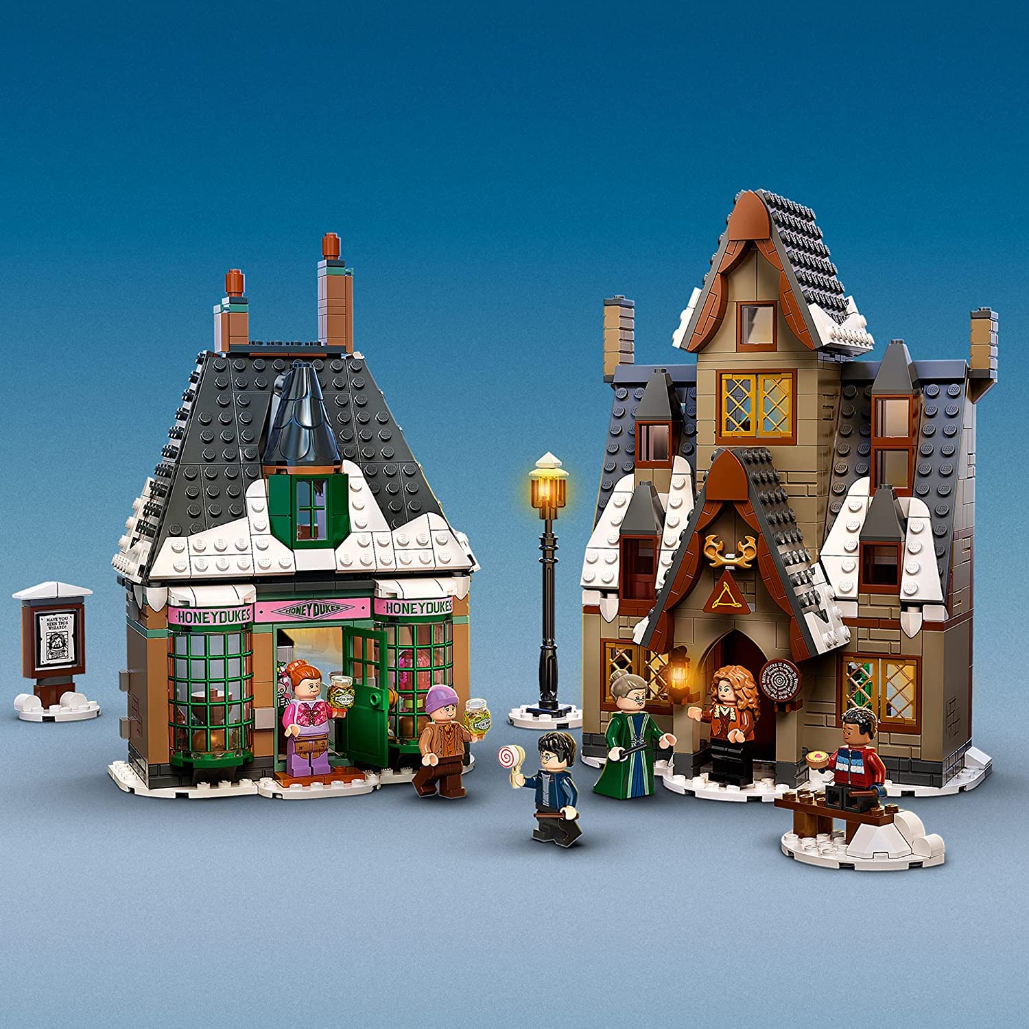 Lego street light and snow bench add cozy, wintry scenes to your Hogsmeade setup.