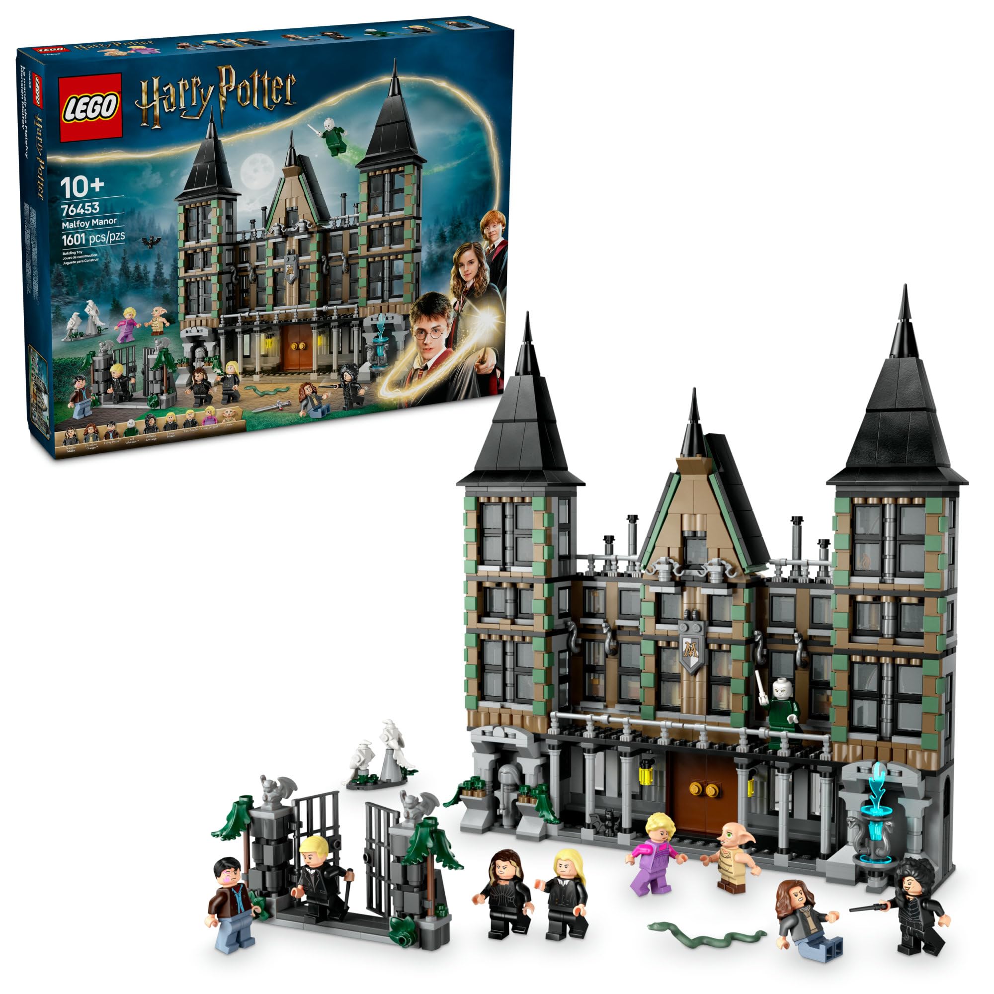 LEGO Harry Potter Malfoy Manor front view highlights detailed architecture for display and imaginative play