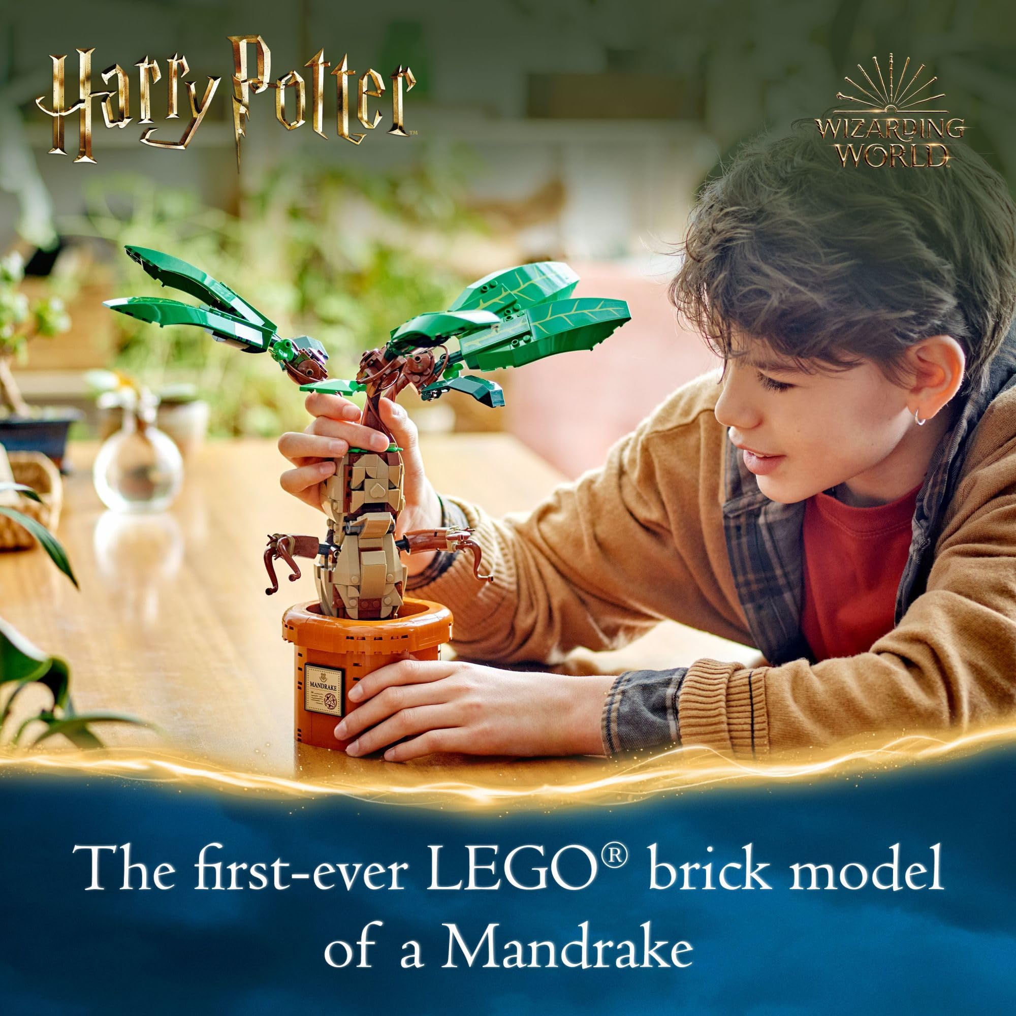 LEGO Harry Potter Mandrake plant toy in pot with movable mouth for narrative play.