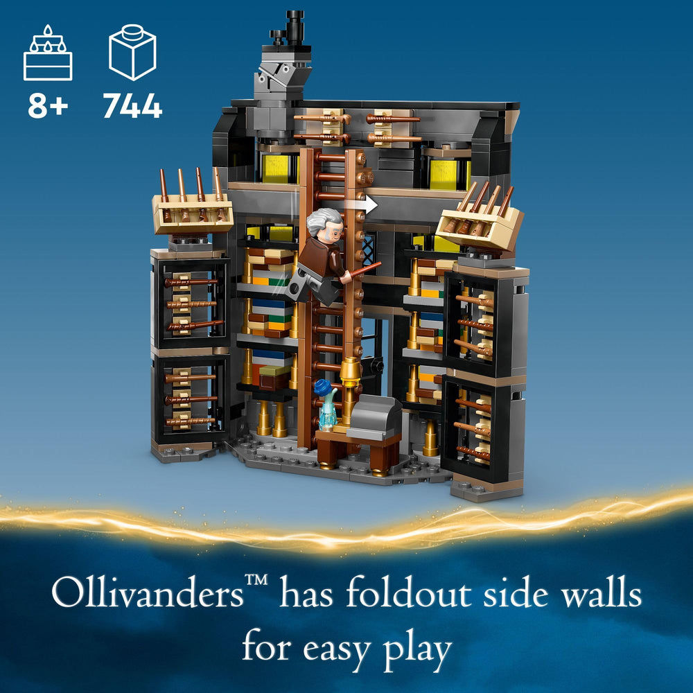 LEGO Harry Potter Ollivanders foldout walls with wand shelves for interactive display.
