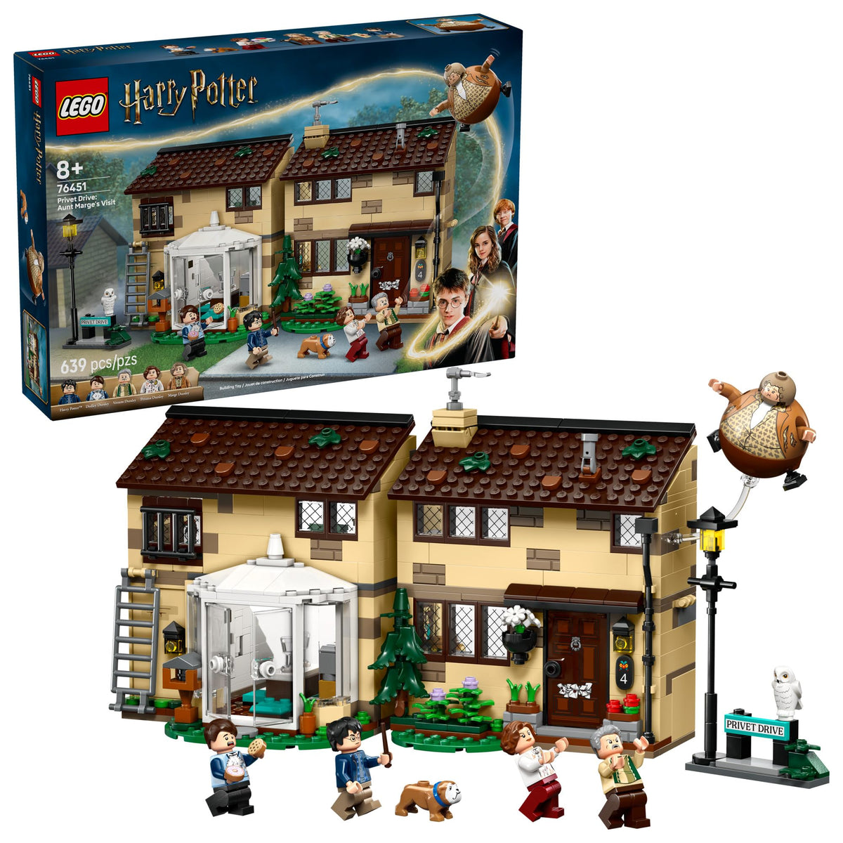 LEGO Harry Potter Privet Drive Aunt Marge Visit inflates for chaotic, playful scenes.