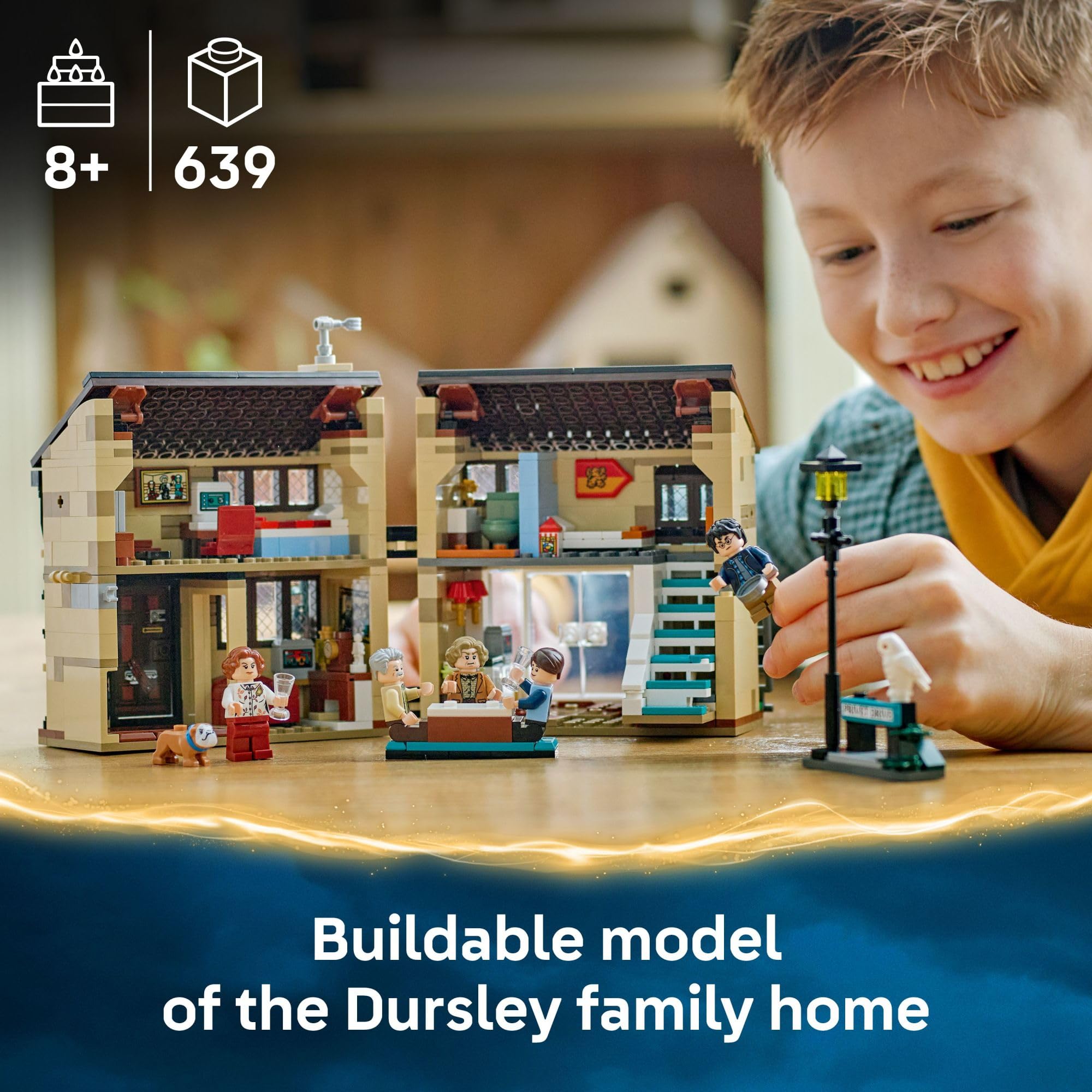LEGO Harry Potter Privet Drive kitchen and dining area with removable table for authentic detail.