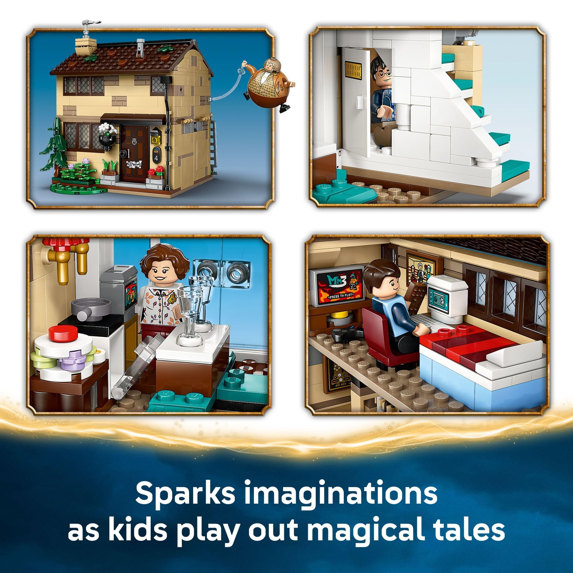 LEGO Harry Potter Privet Drive minifigures include Harry, Vernon, Petunia, and Dudley.