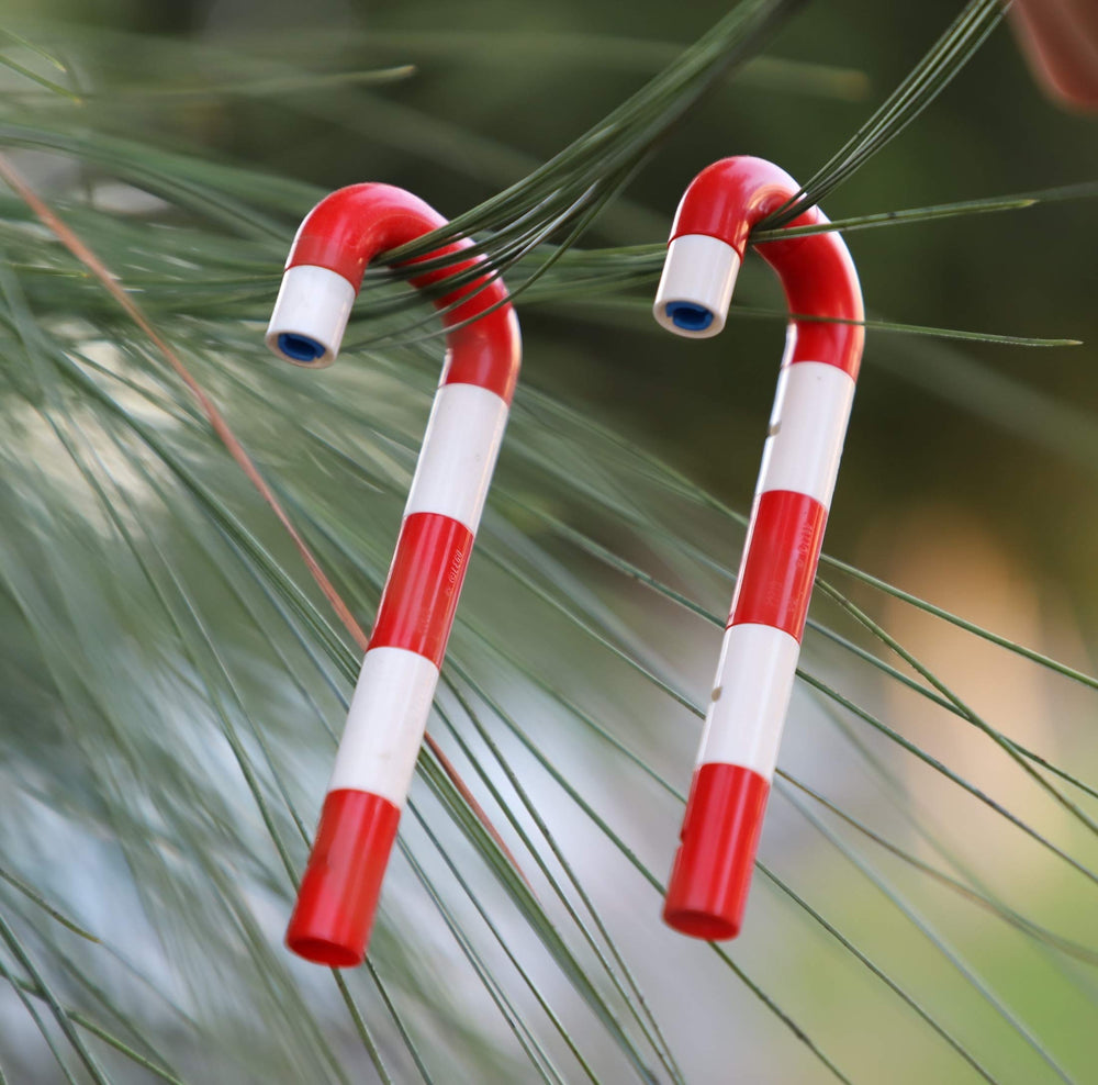 LEGO candy cane tree ornament set ready for easy assembly on the Christmas tree
