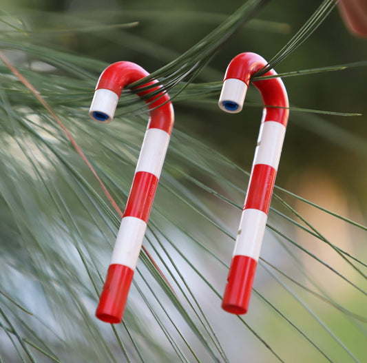 LEGO candy cane tree ornament set ready for easy assembly on the Christmas tree